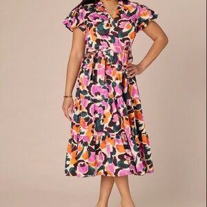 Short Puff Sleeve Half Placket Printed Woven Dress with Self Tie